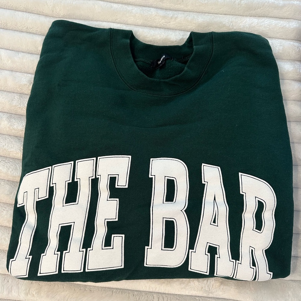 THE BAR oversized varsity green sweatshirt with white text M